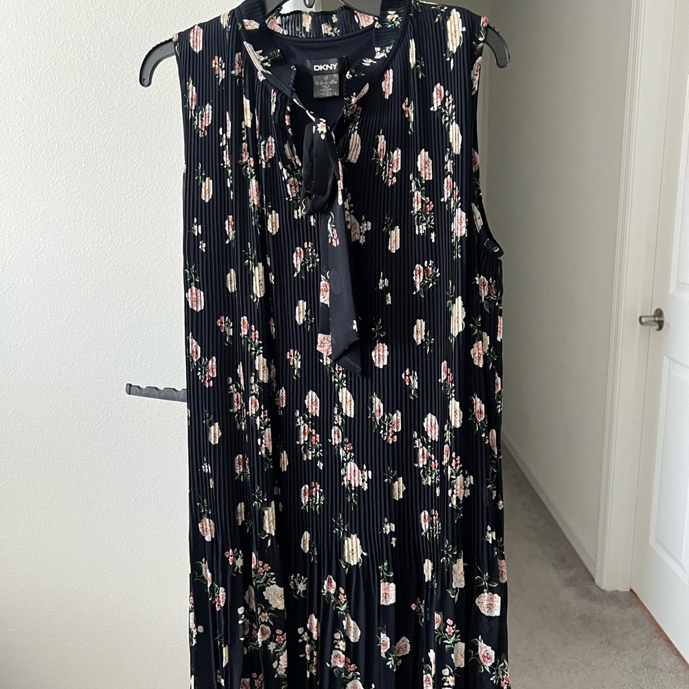 DKNY Black Maxi Sundress with Tie Neck and Pink Floral Accents